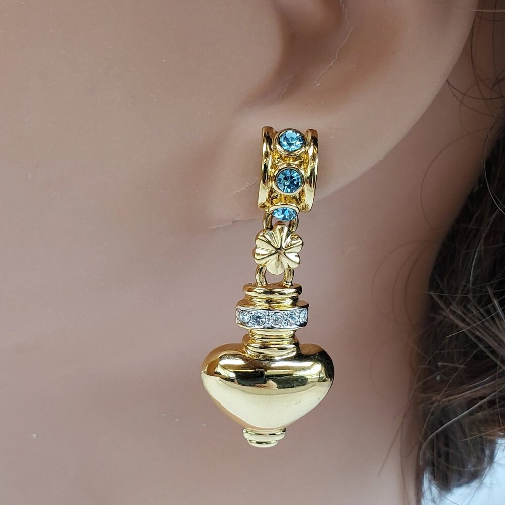 Vintage Grecian Drop Earrings - Gold tone with Aquamarine and Clear Rhinestones
